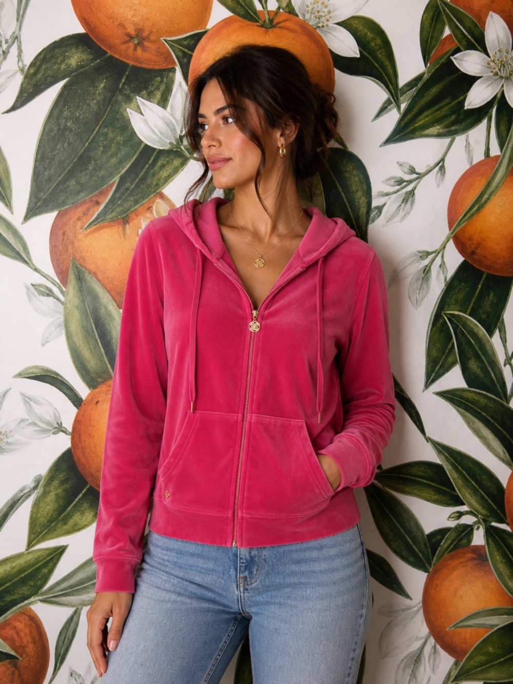 Lilly Pulitzer Velour Larina Hot Pink Zip Up Long Sleeve Hoodie Jacket Sz Large